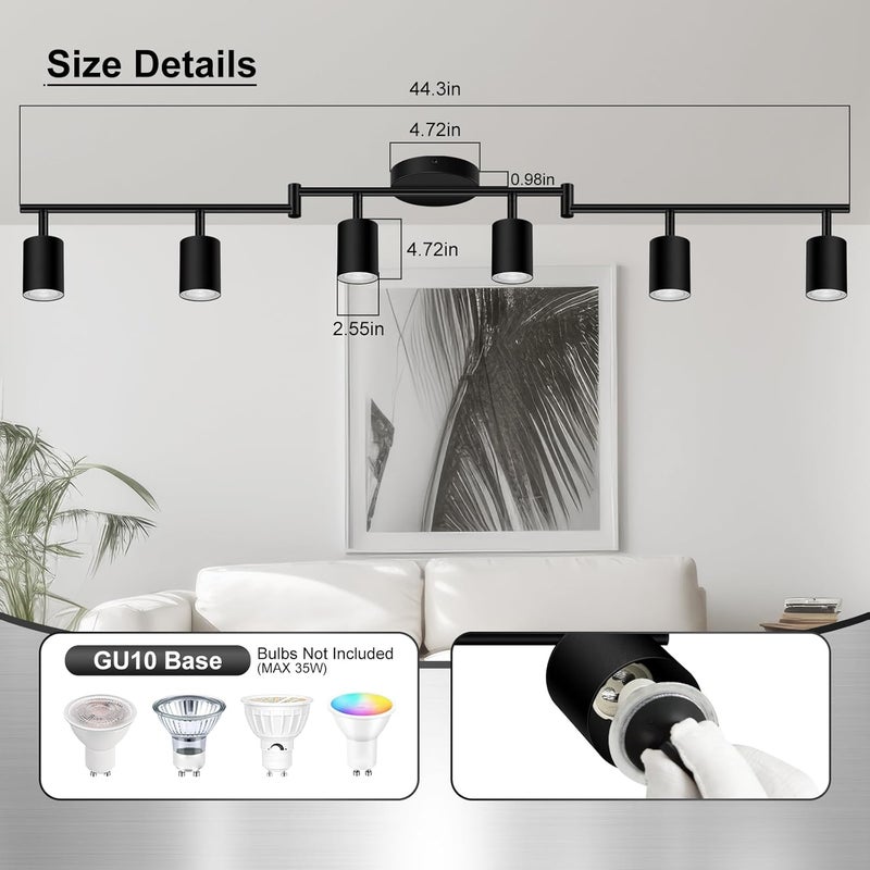 AUQUEE 6 Light Track Lighting Fixtures Ceiling, Matte Black Kichen Track Lighting Fixtures with Rotatable Light Heads, Foldable Lamp Arms, Modern LED Track Lights for Kitchen/Hallway, No GU10 Bulb - Image 4